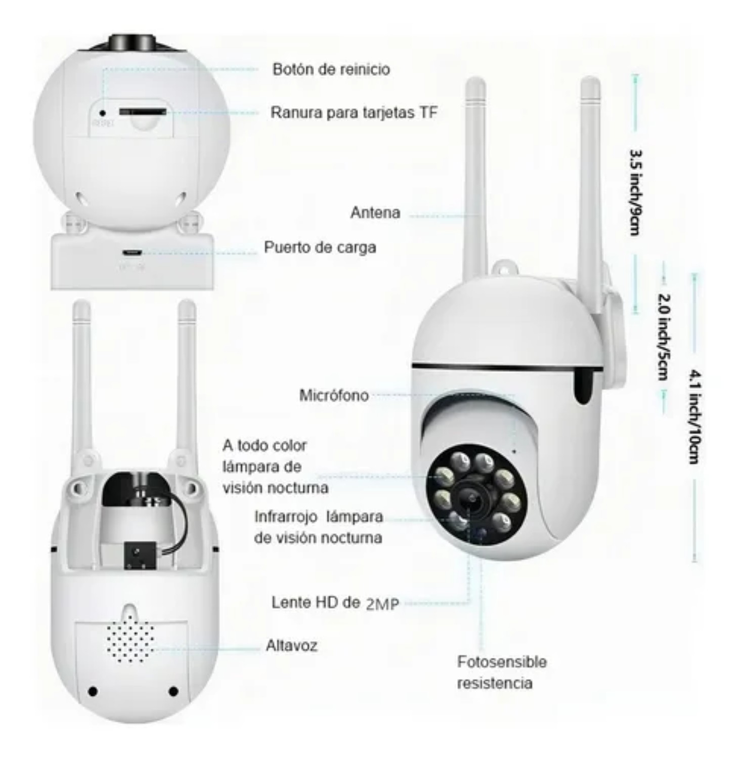 C&aacute;mara de seguridad 2PCS-288 Hd 1080p Foco 360&deg; Alarma 2 Piezas con resoluci&oacute;n 2MP visi&oacute;n nocturna incluida color blanco image number null