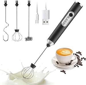 A Espumador de leche, Batidor de mano 3 en 1, Batidor el&eacute;ctrico de mano con 3 velocidades ajustables y 3 batidores de acero inoxidable para caf&eacute;s con leche, capuchinos, huevos, chocolate caliente,matcha. image number null