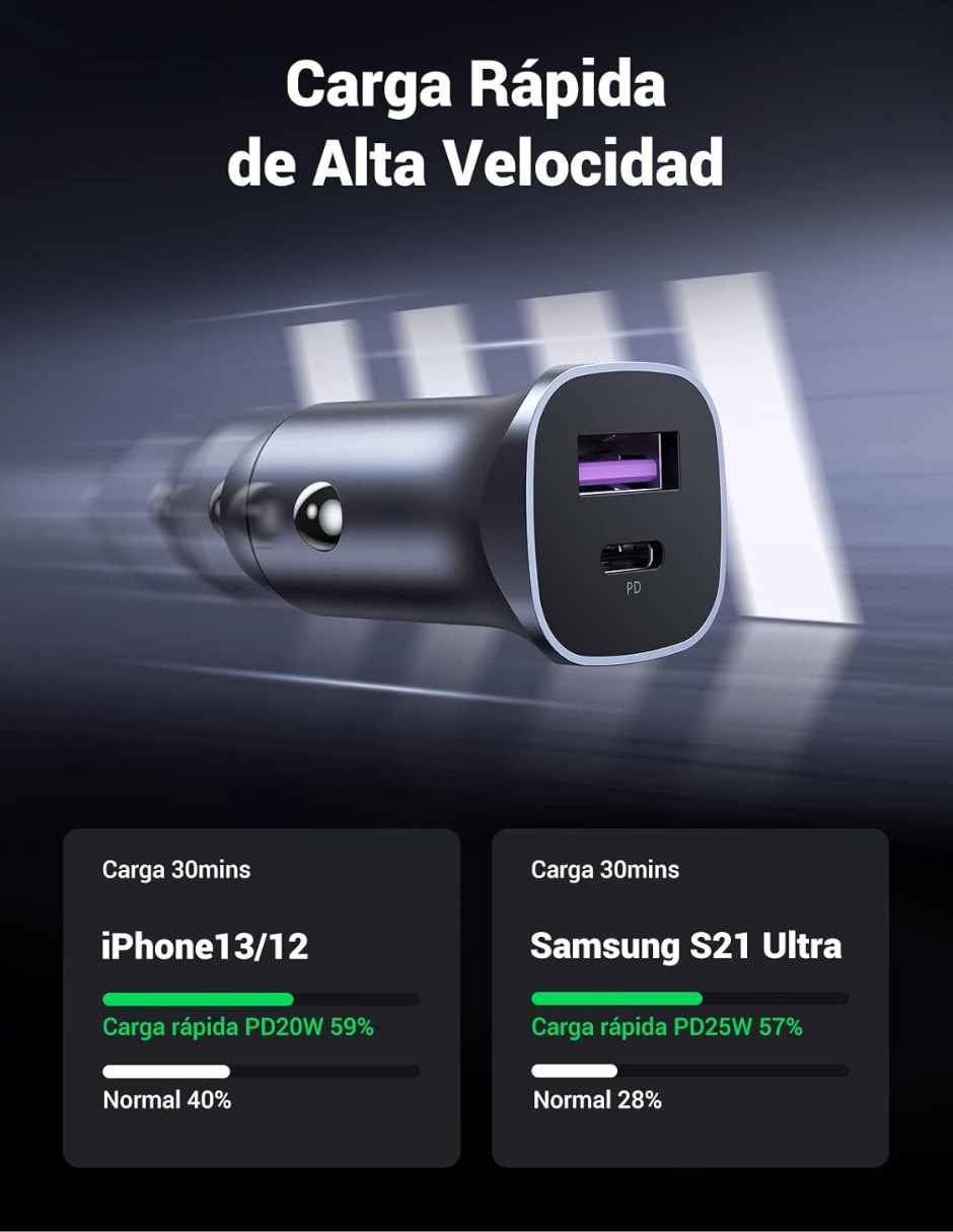 Cargador Auto Ugreen 30w 2 Puertos USB-C Y USB-A Carga R&aacute;pida image number null