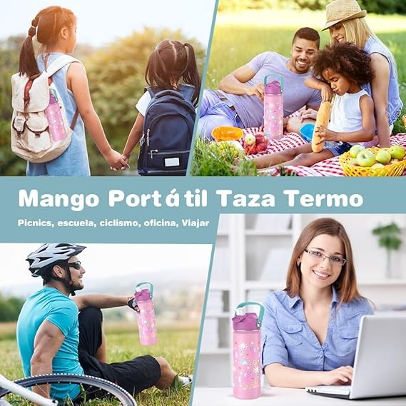 A BSMKD Botella de Agua para Ni&ntilde;os, Botella de Acero Inoxidable para Ni&ntilde;os y Ni&ntilde;as, 18oz Termo de Agua Aislada Reutilizable con 2 Pajitas, 100% A Prueba de Fugas, para Escuela (Rosa). image number null