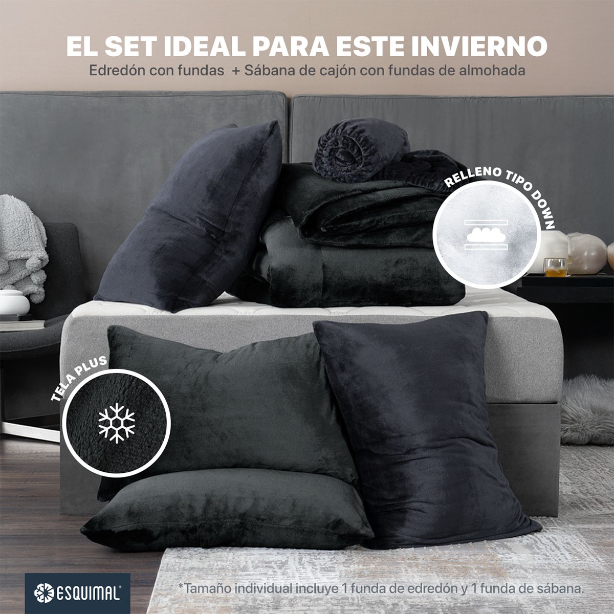Edred&oacute;n Invernal Cobertor King Size + S&aacute;bana Negro / Gris Oscuro ESQUIMAL image number null