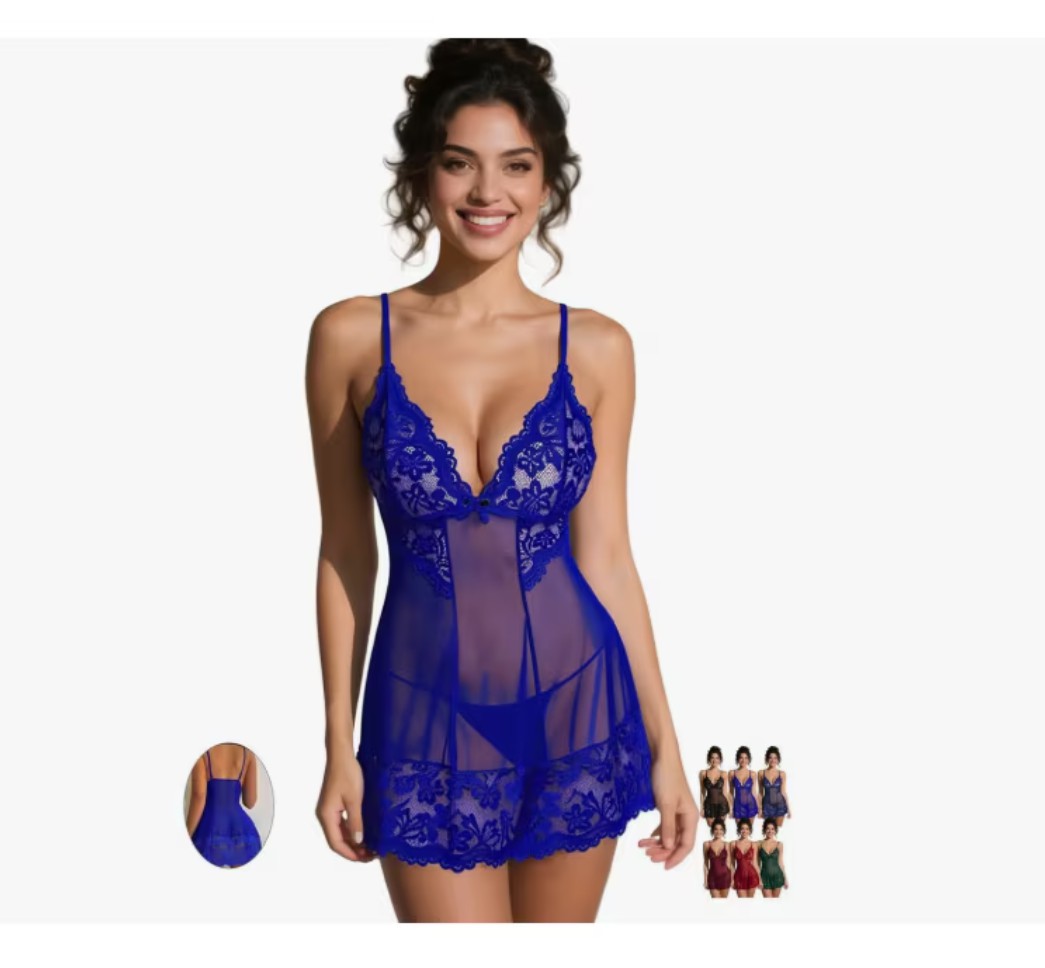 Lencer&iacute;a Para Mujer babydolls Vestido Camison Ropa Sexy En V talla:AZUL xL image number null