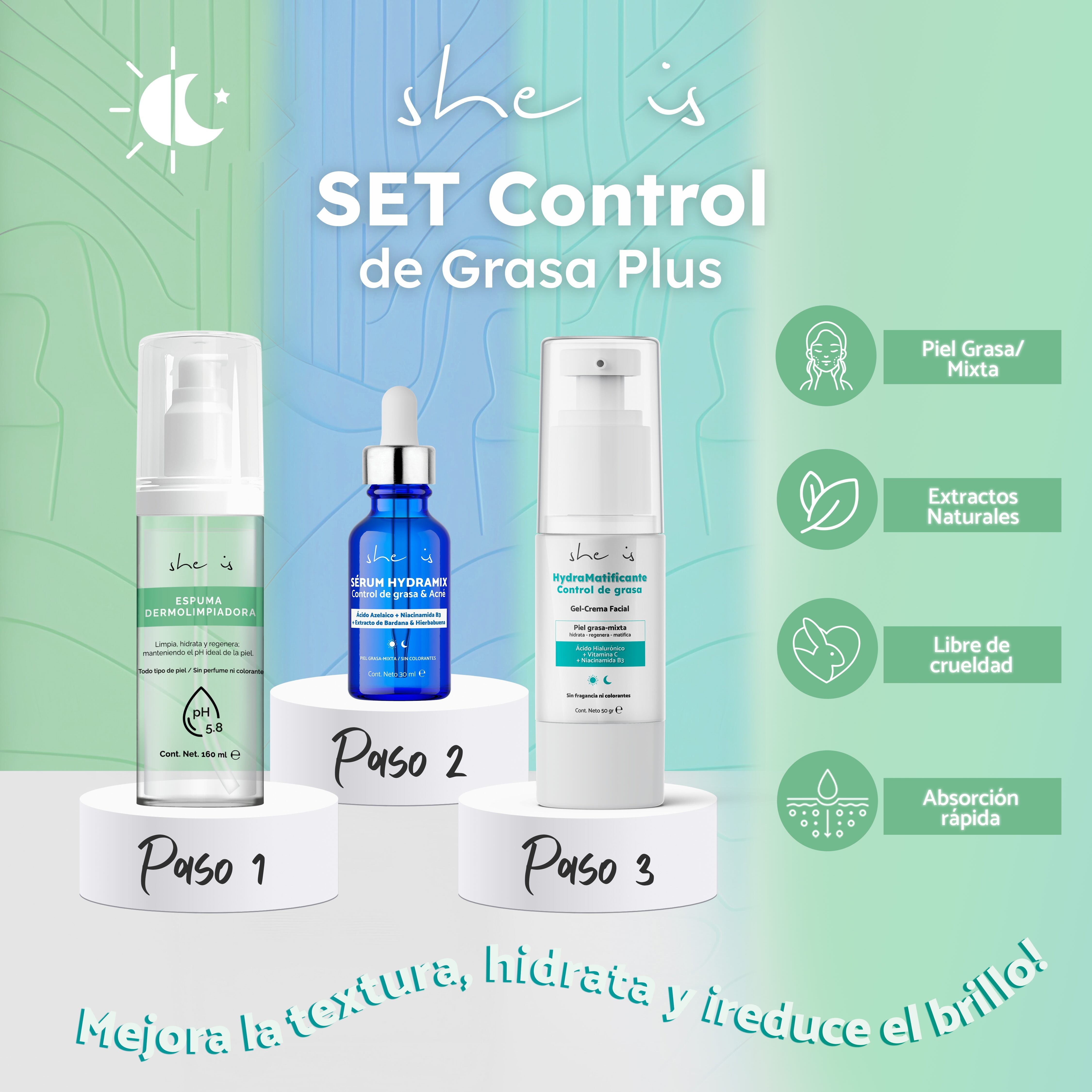 Set Facial Control de Grasa Plus (Crema + Serum + Dermolimpiador) She is skincare image number null