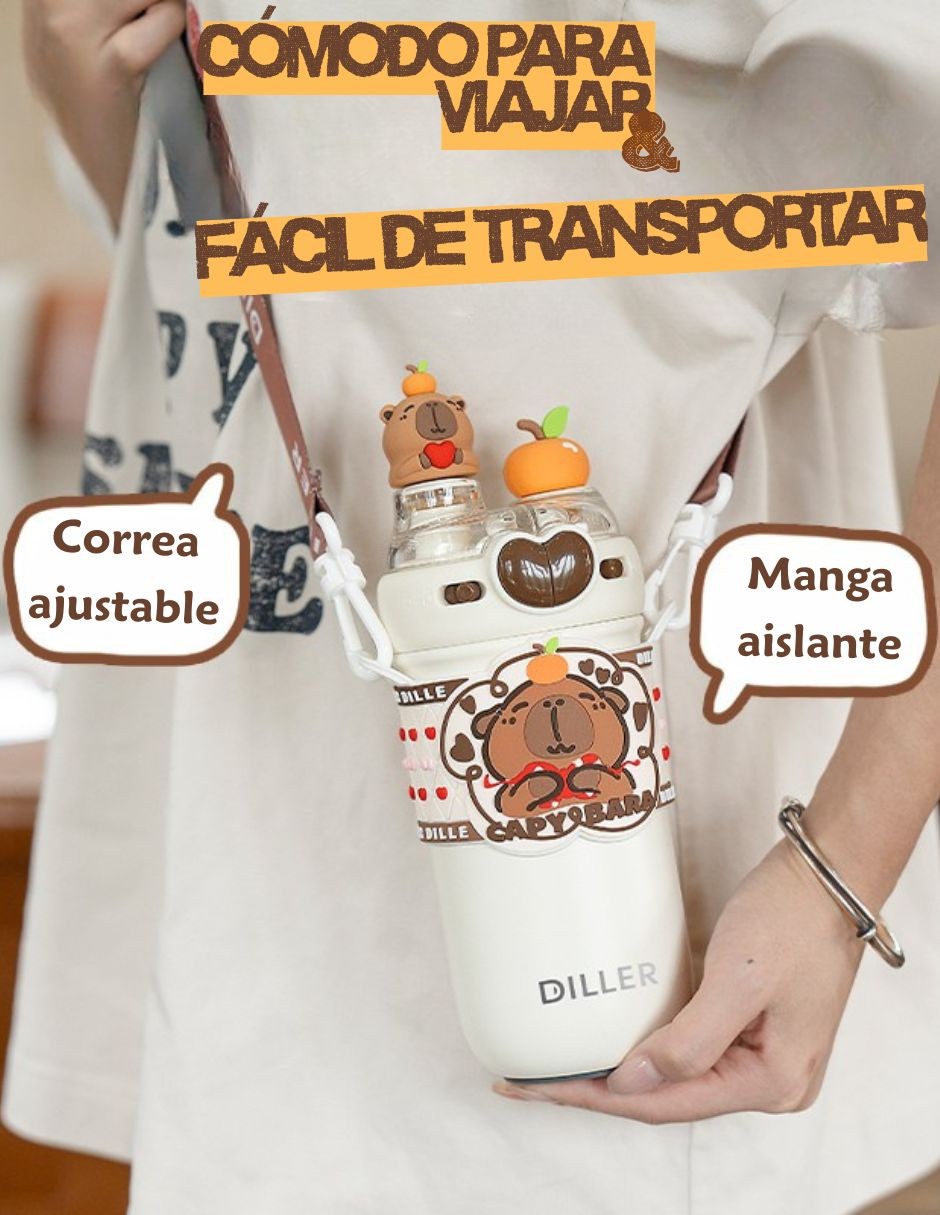 Termo de Capibara | Botella de Agua de Acero Inoxidable 520 ml | Accesorios decorativos 3D Capybara, Stickers y Correa image number null