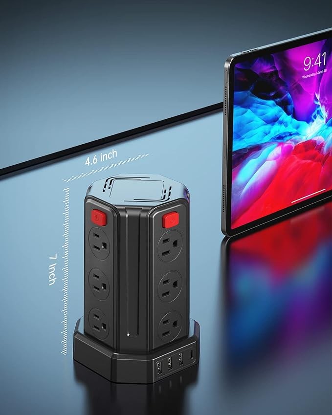 A SMALLRT Regleta De Alimentaci&oacute;n contra Sobretensiones 9.8Ft / 3M 4 Puertos USB Regleta De 12 Salidas con Toma De Cable Largo USB Torre Protectora contra Sobretensiones. image number null