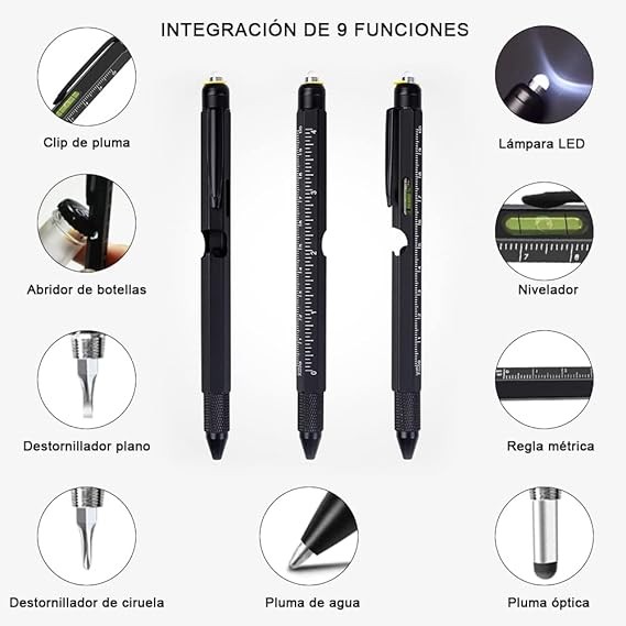 A CASAMIEL Pluma Bol&iacute;grafo Multifuncional, Bol&iacute;grafo 9 en 1 con Funci&oacute;n de Luz led/Destornillador/Regla/Nivel/Abrebotellas, Regalo Ideal para Hombres/Pap&aacute;s/Maridos (A-negro) Visita la tienda de CASAMIEL. image number null