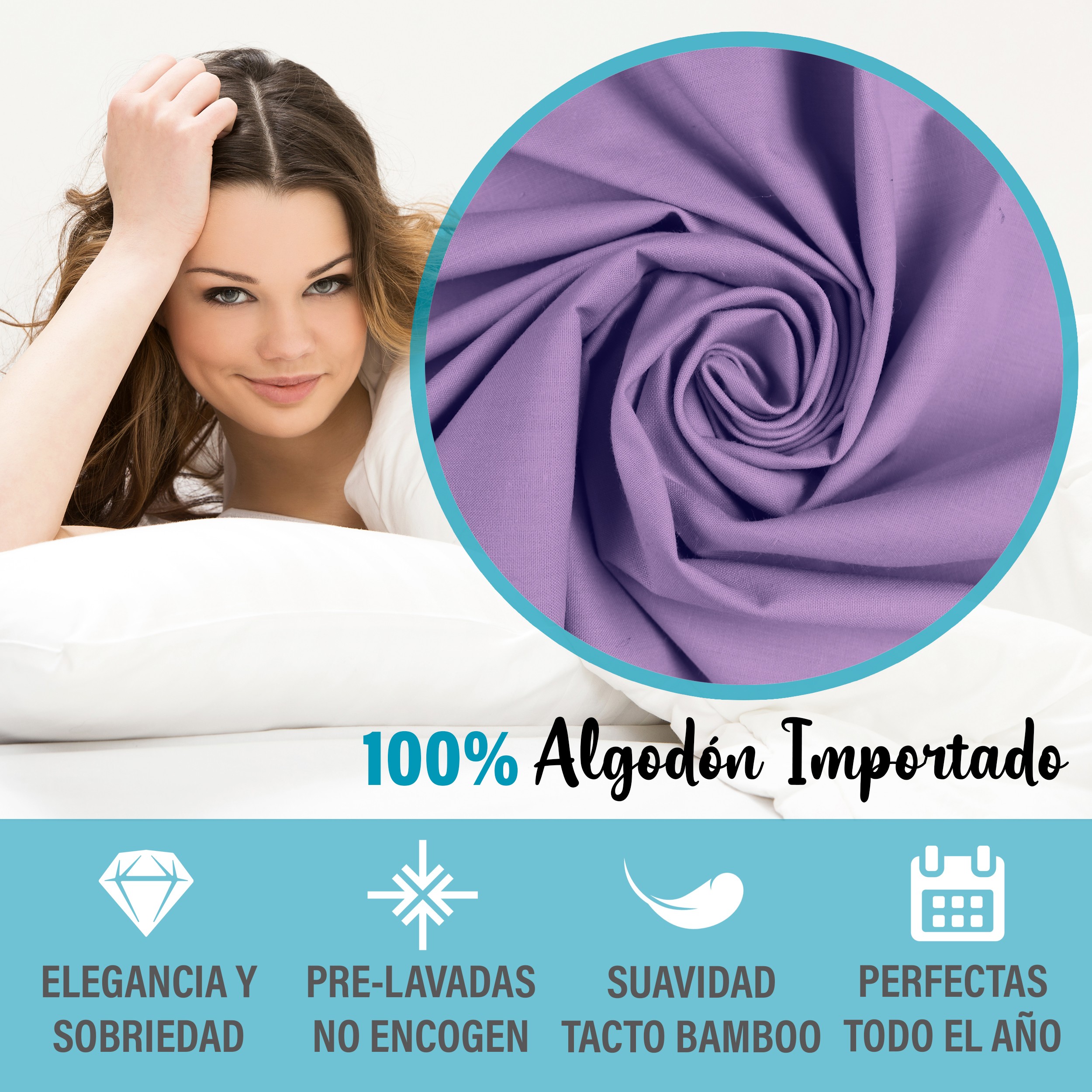 Juego de S&aacute;banas Percal Queen Size Lavanda 4 Piezas Frescas y Suaves Ajuste 35 cm Zantelo image number null