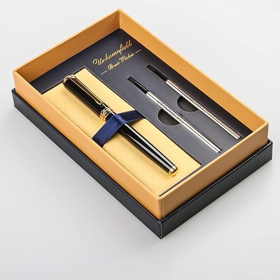 A Urhomefull Impresionante bol&iacute;grafo de lujo con ribete de oro de 24 quilates, punta de Suiza con recambios de tinta negra, juego de regalo perfecto para hombres y mujeres, juego de escritura elegante para negocios, negro brillante. image number null