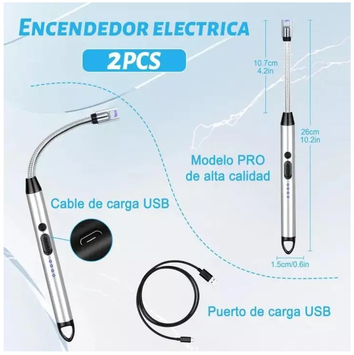 Encendedor El&eacute;ctrico Port&aacute;til Recargable De Cocina USB 2 Piezas Plateado image number null