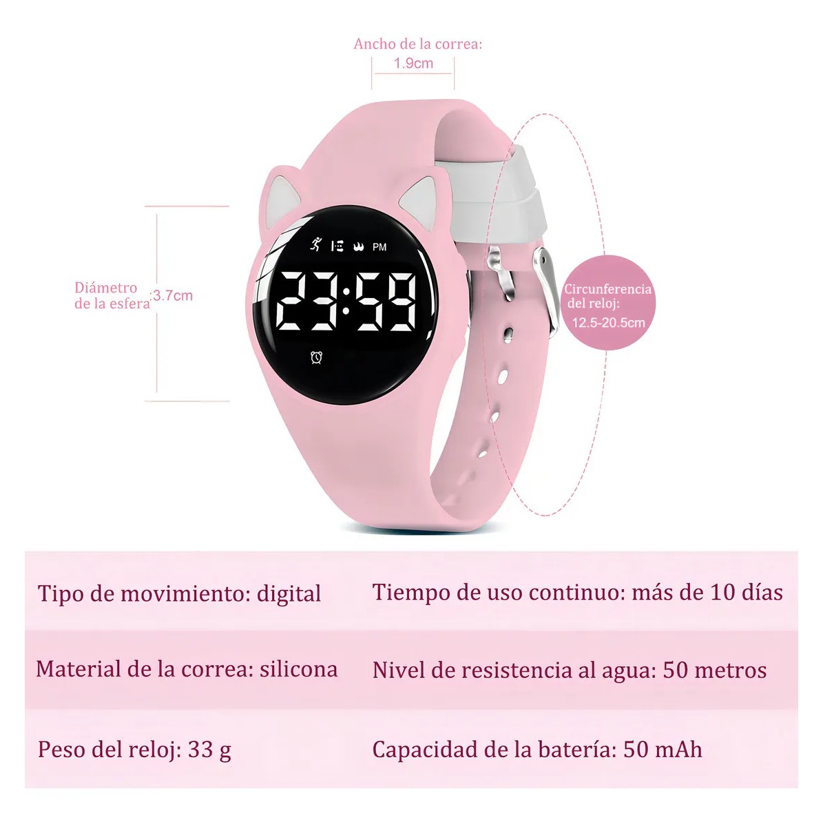 Reloj Digital Recargable Deportivo Multifunci&oacute;n Rosa Chicle image number null