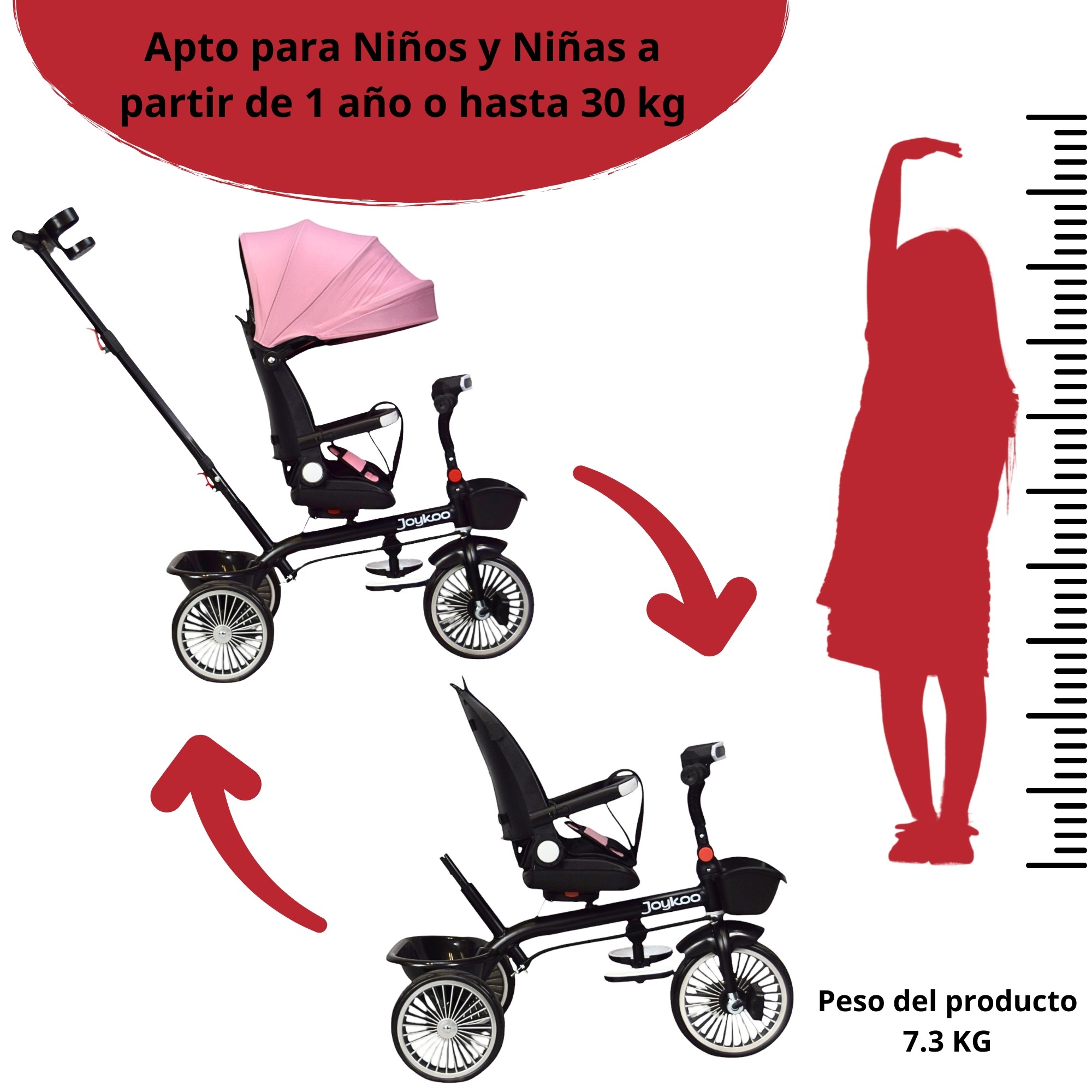 Triciclo para Ni&ntilde;os Asiento Giratorio Reclinable con Luz y Sonido - Rosa image number null