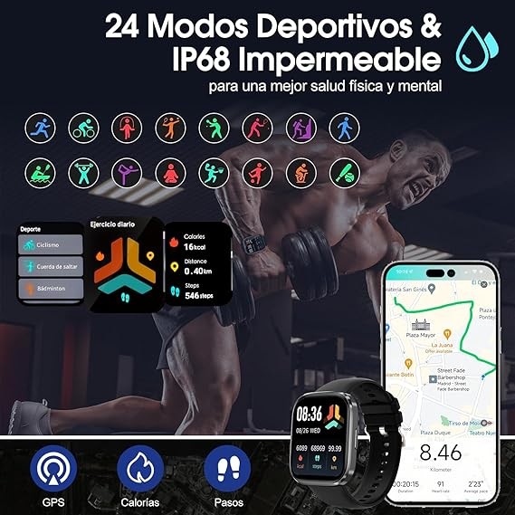 Lostrain Reloj Inteligente Hombre y Mujer,Smartwatch Deportivo 1.96" HD Pantalla t&aacute;ctil con Llamada Bluetooth,Pulsera Inteligente Impermeable IP68 Monitor De Frecuencia Card&iacute;aca/SPO2/Presi&oacute;n Arterial. image number null