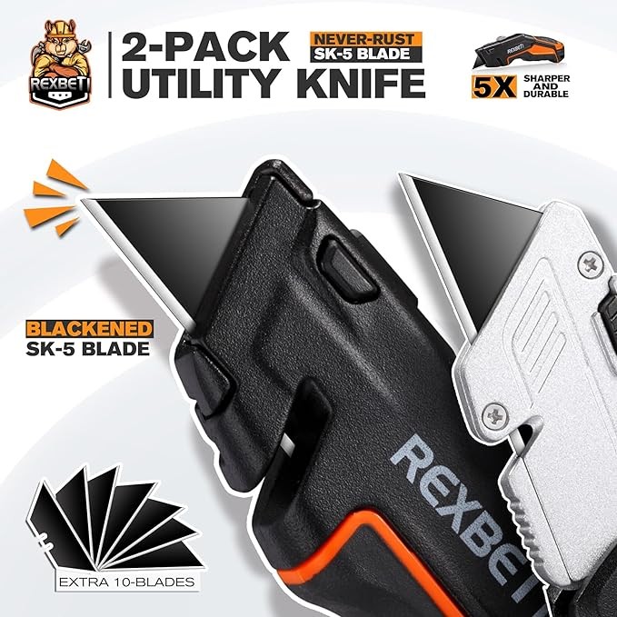 REXBETI 2-Pack Utility Knife, Heavy Duty Retractable Box Cutter for Cartons, Cardboard and Boxes, Blade Storage Design, Extra 10 Blades Included. image number null