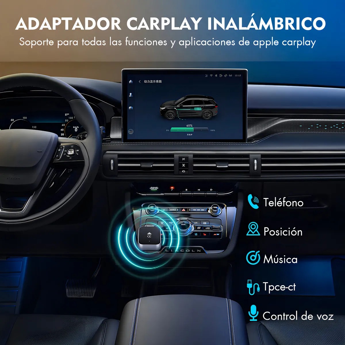 Adaptador Inalambrico CarPlay Universal para Auto Compatible con IPhone y Android Control Estable Plug and Play image number null