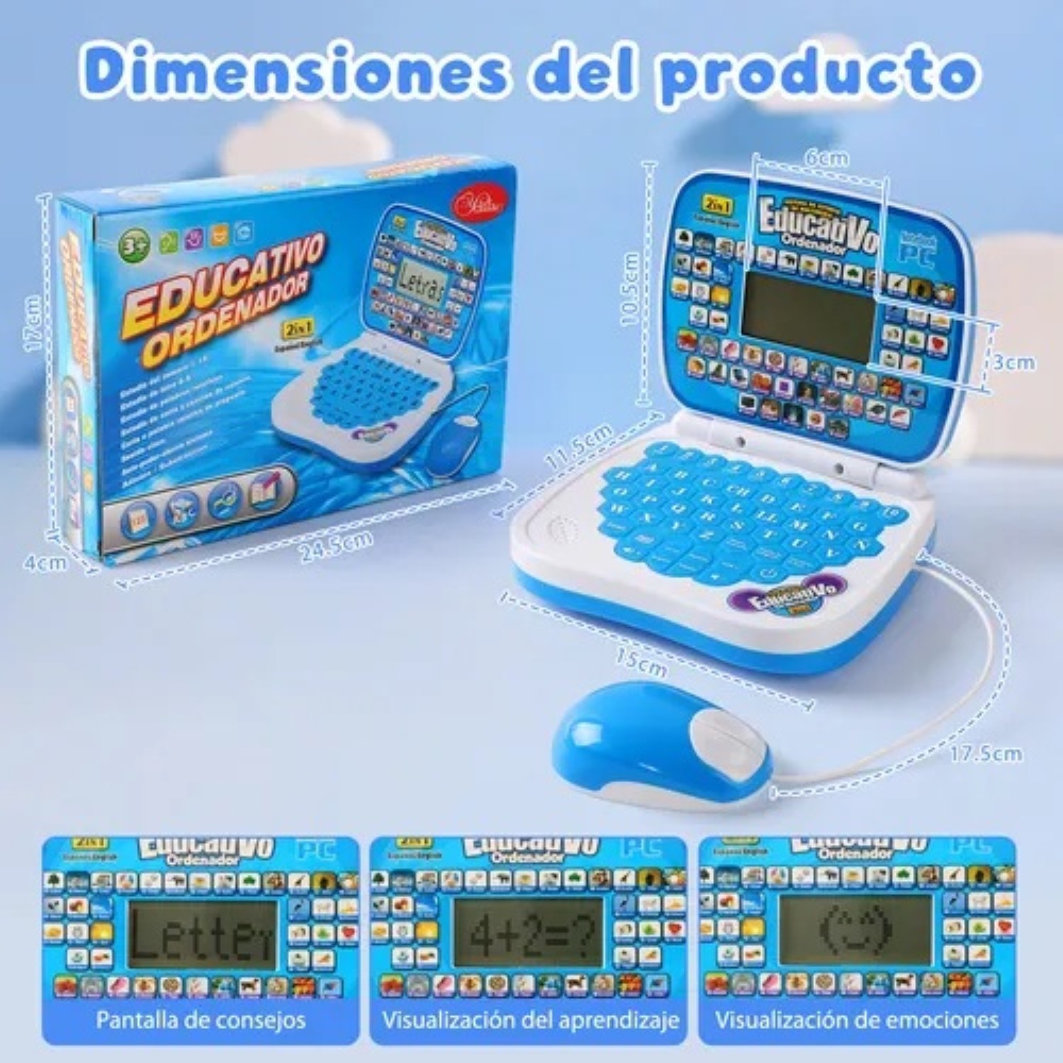 Computadora Laptop De Juguete Aprendizaje Biling&uuml;e Para Ni&ntilde;o Azul image number null