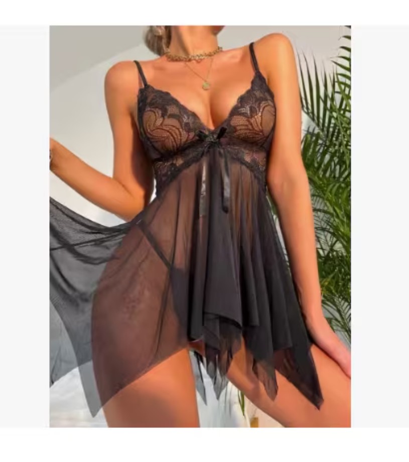 Lencer&iacute;a Babydoll Encaje Vestido Camis&oacute;n Con Liguero Y Tanga color negro talla: M image number null