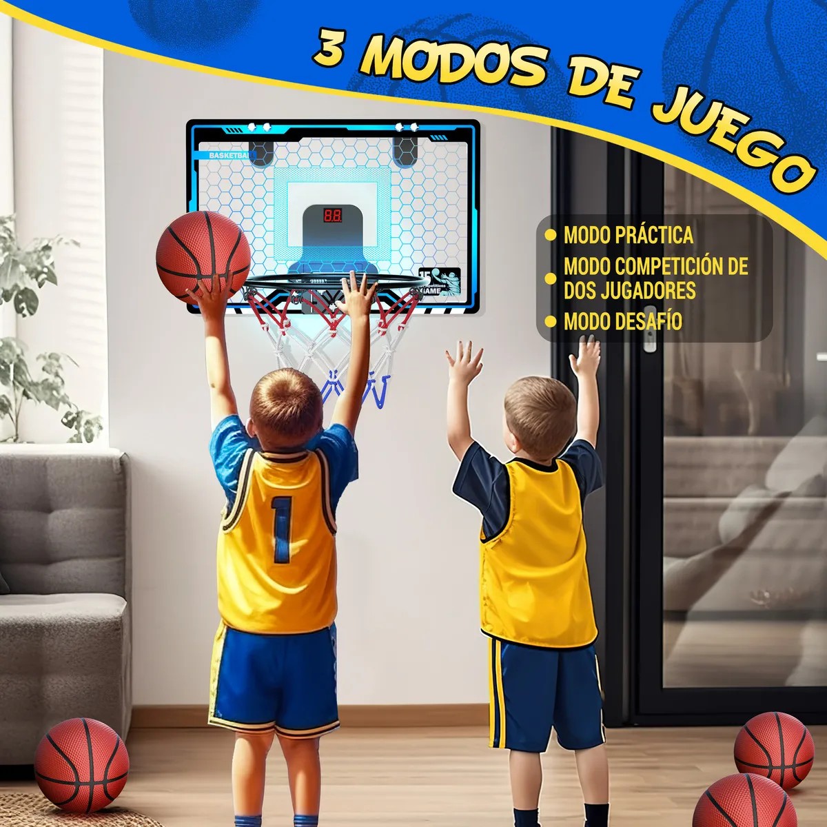 Canasta de Basquetbol Tablero de Baloncesto con Luces Led y 3 Mini Pelotas Color Azul para Ni&ntilde;os image number null