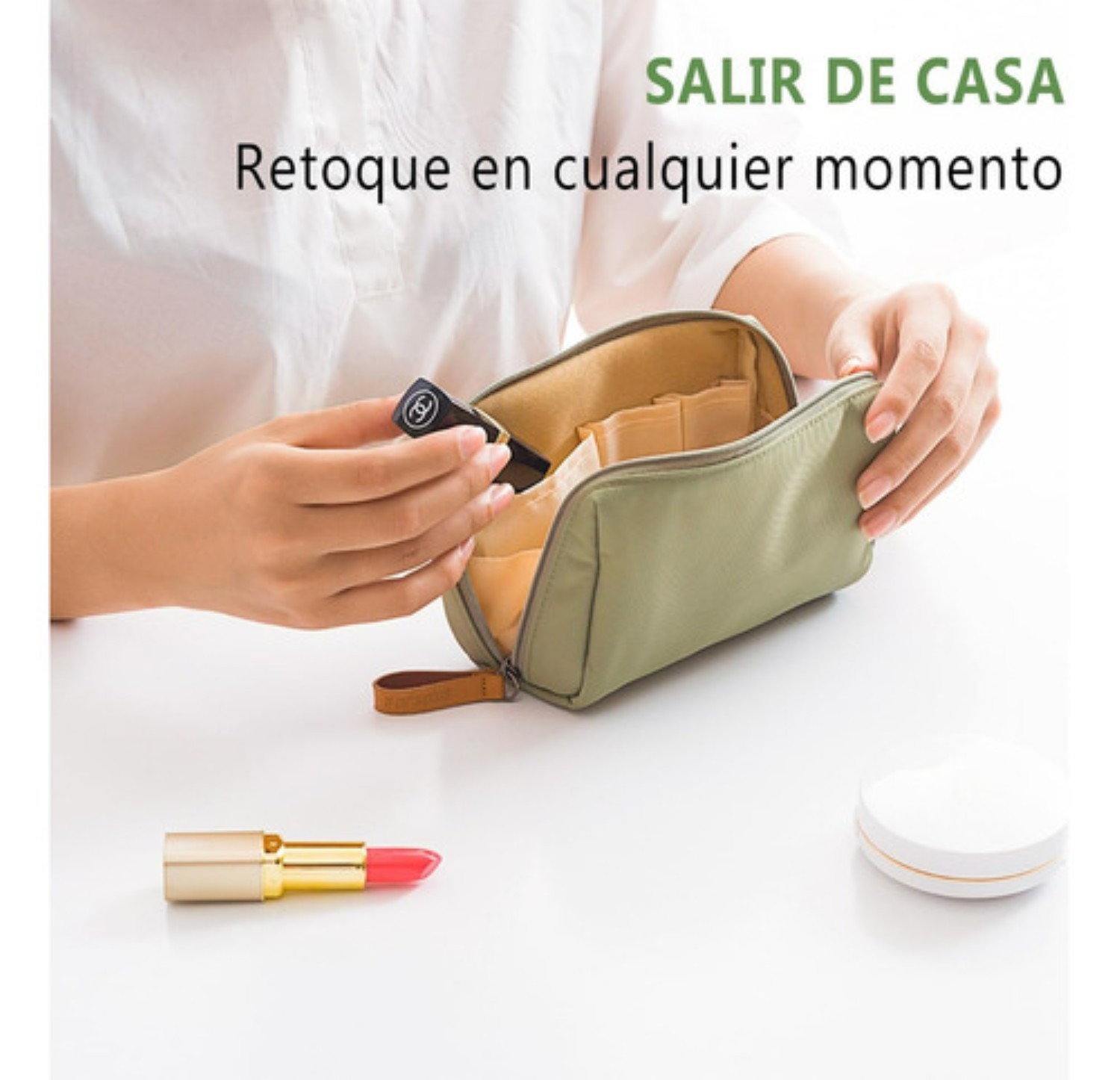Bolsa De Maquillaje De Viaje Para Mujer Con Compartimentos Verde olivo image number null