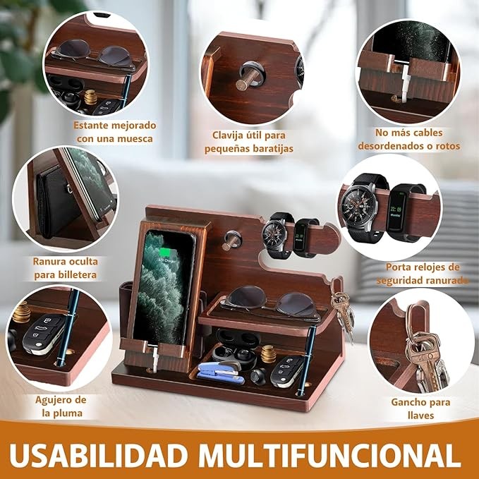 Organizador de Madera para Celular,2024 Nuevo Dise&ntilde;o,Organizador de Escritorio,Anillo,Anteojos,Relojes,Cartera,Accesorios para Hombre,Base de Celular para la Oficina y el Hogar,Regalos para Hombre. image number null