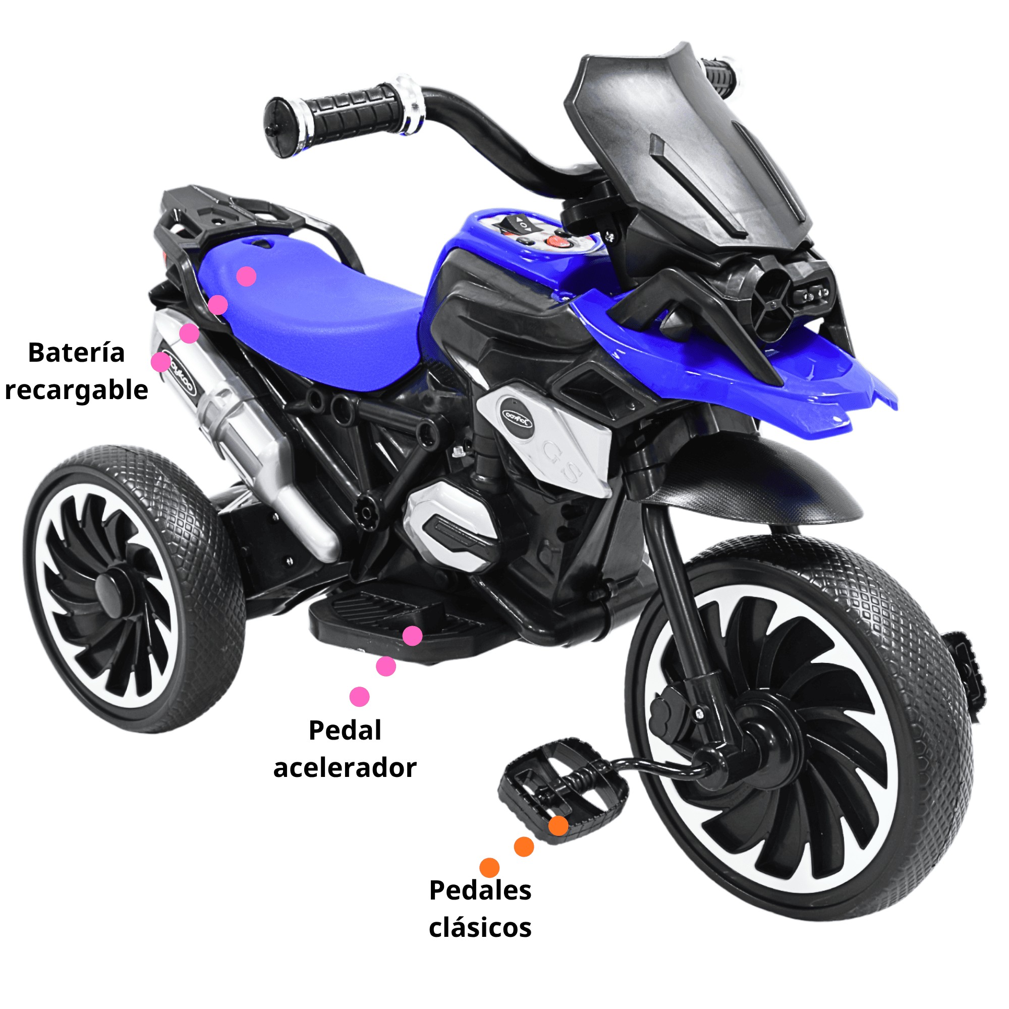 Moto Montable El&eacute;ctrica para Ni&ntilde;os Triciclo H&iacute;brido con Luces y Sonido Recargable 6v Soporta hasta 30 kg - Azul image number null