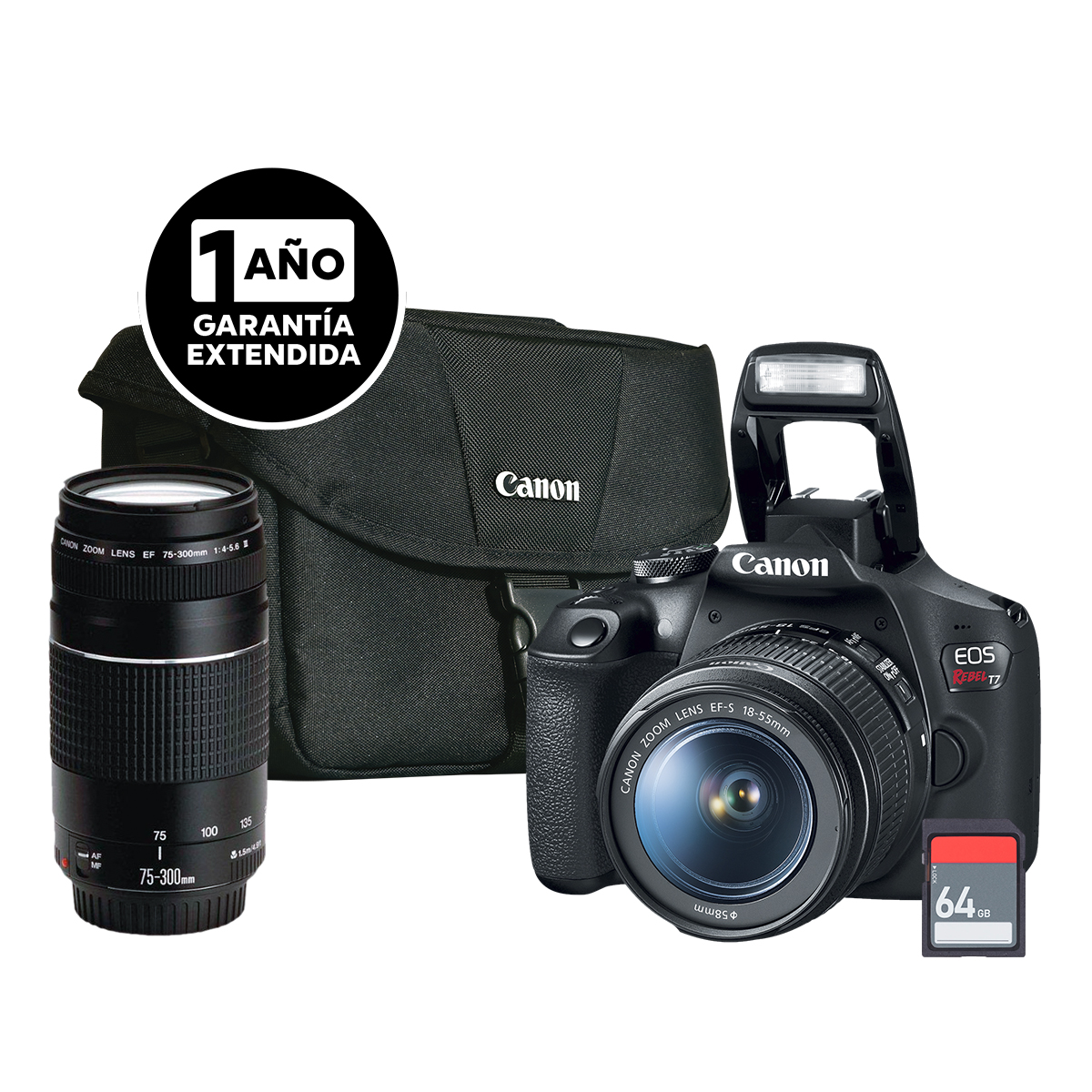 C&aacute;mara Canon Kit T7 Lente Ef-S 18&ndash;55mm y Lente Ef 75-300mm F/4 Bag 200es Sd G Ext image number null