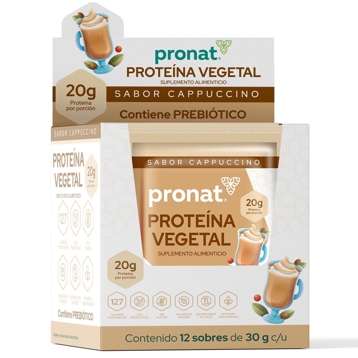 Pronat Proteína Vegetal Cappuccino Caja 12 Sobres de 30g c/u image number null