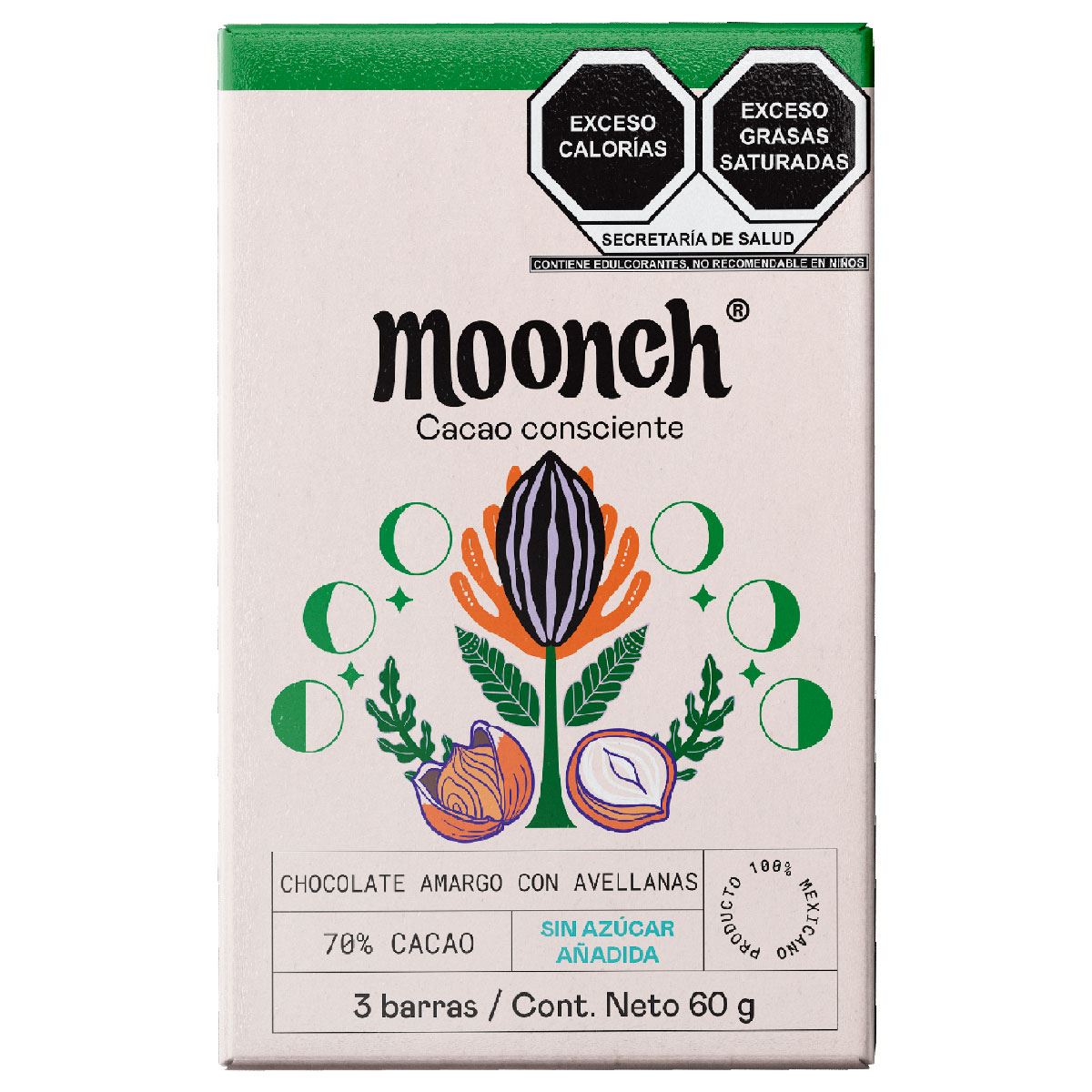 Chocolate Amargo 70% Cacao con Avellanas Caramelizadas sin az&uacute;car a&ntilde;adida Moonch image number null