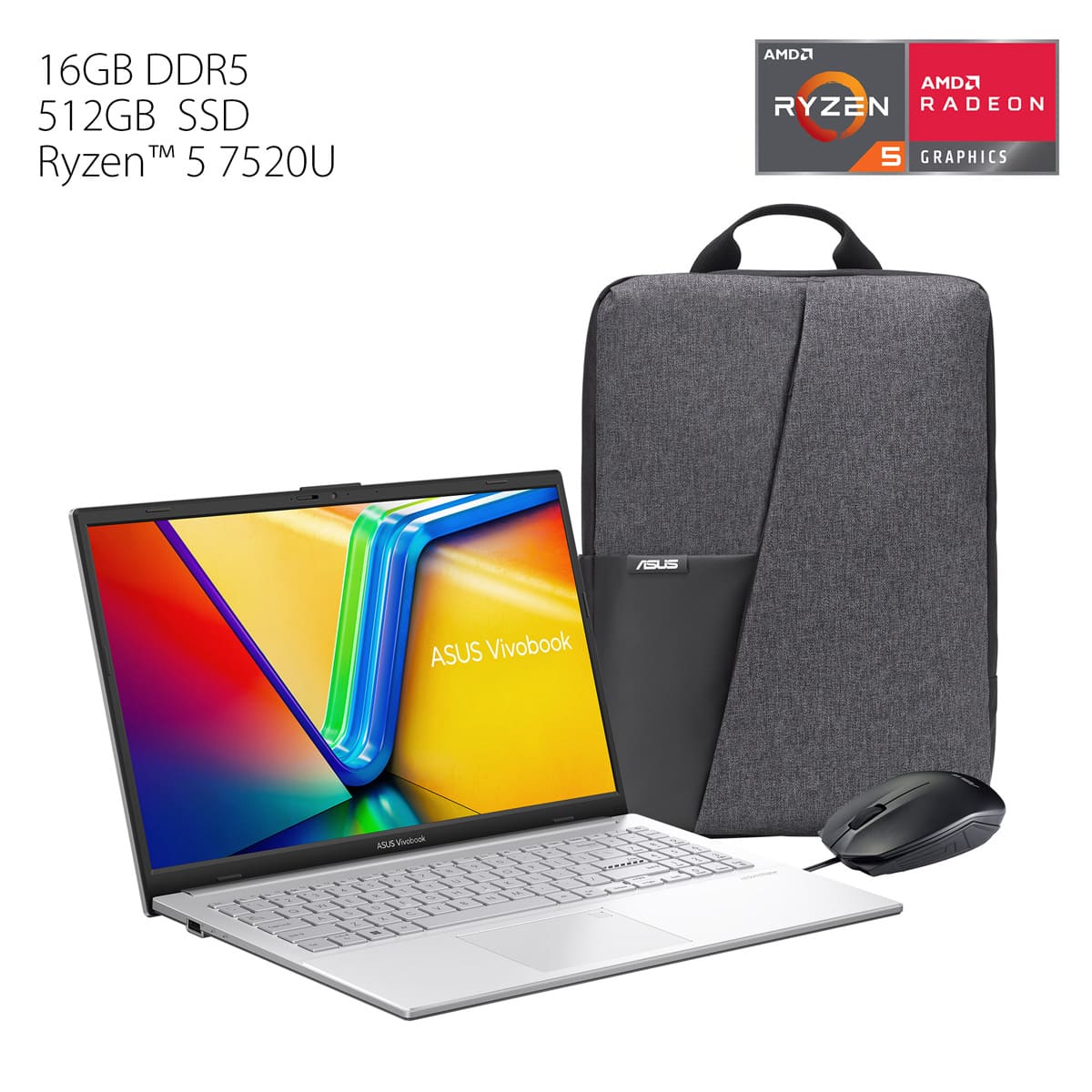Laptop ASUS VivoBook Go 15.6 Pulgadas E1504FA-NJ881W R5 7520U 16G 512G + Mochila y Mouse image number null