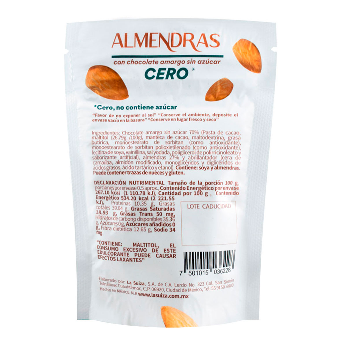 Bolsa de Almendras c/Chocolate Amargo Sin Azúcar La Suiza 50Gr image number null