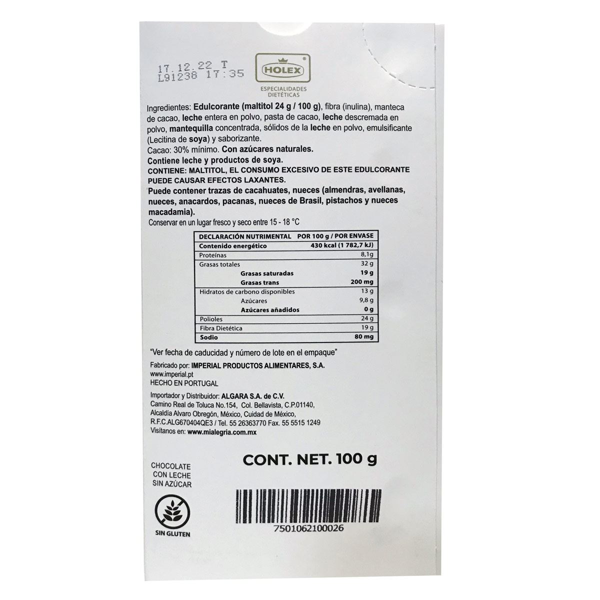 Chocolate Holex Leche Azúcar 100 grs. image number null