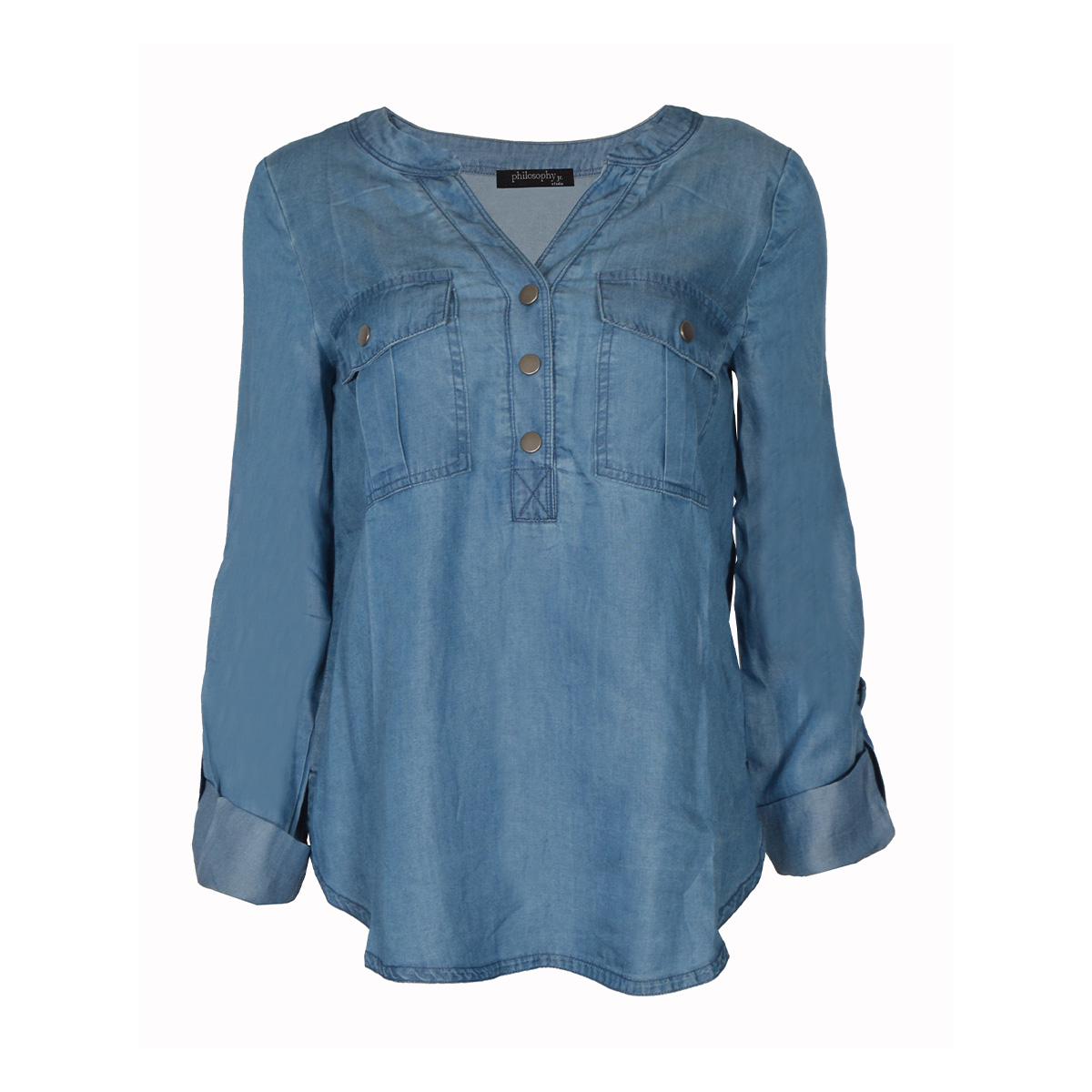 Blusa de mezclilla con bolsillos Philosophy azul talla chica para mujer image number null