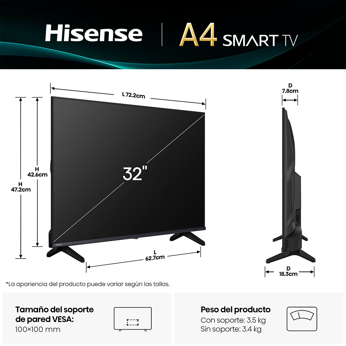 Pantalla Hisense de 32 Pulgadas HD 32a4nv image number null