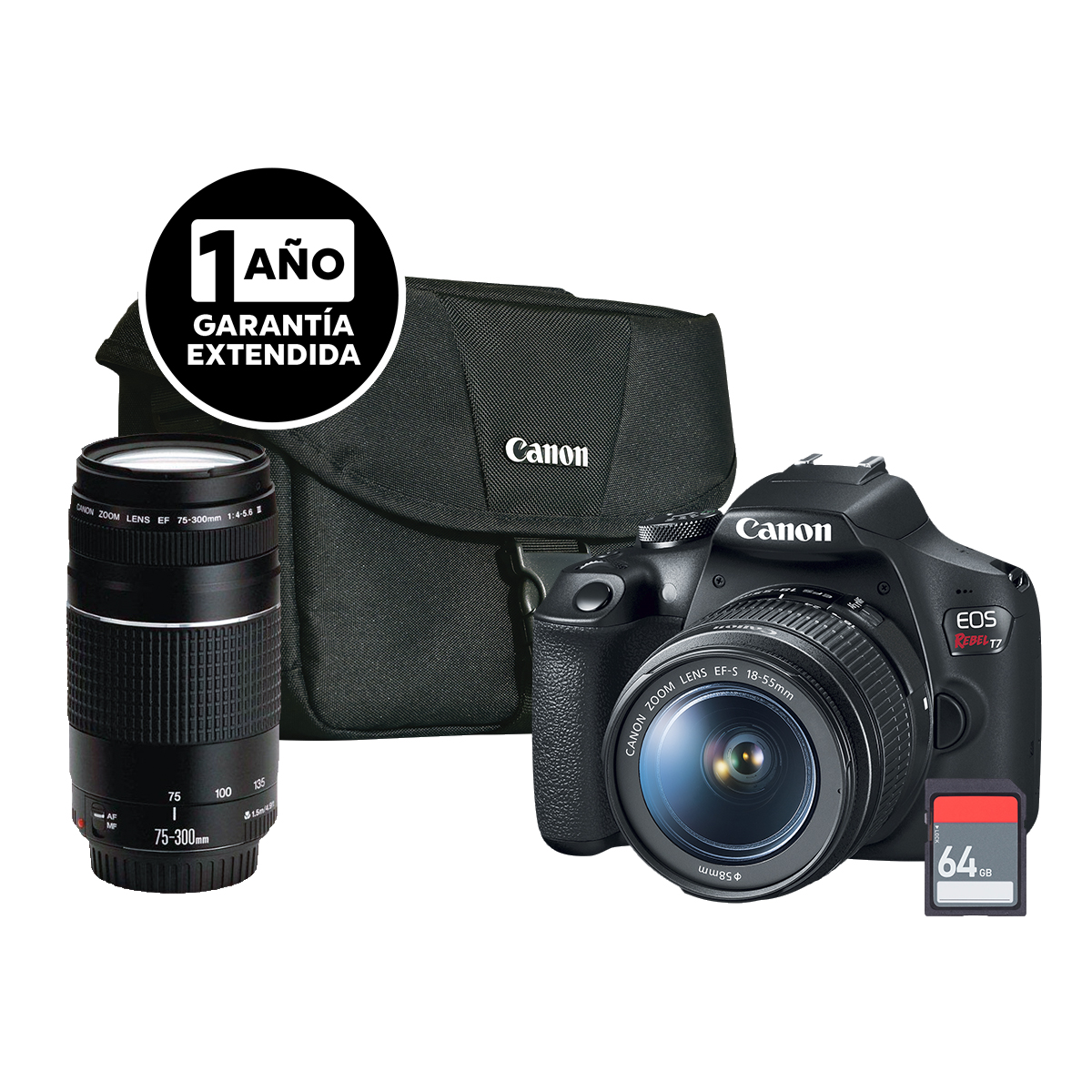 C&aacute;mara Canon Kit T7 Lente Ef-S 18&ndash;55mm y Lente Ef 75-300mm F/4 Bag 200es Sd G Ext image number null