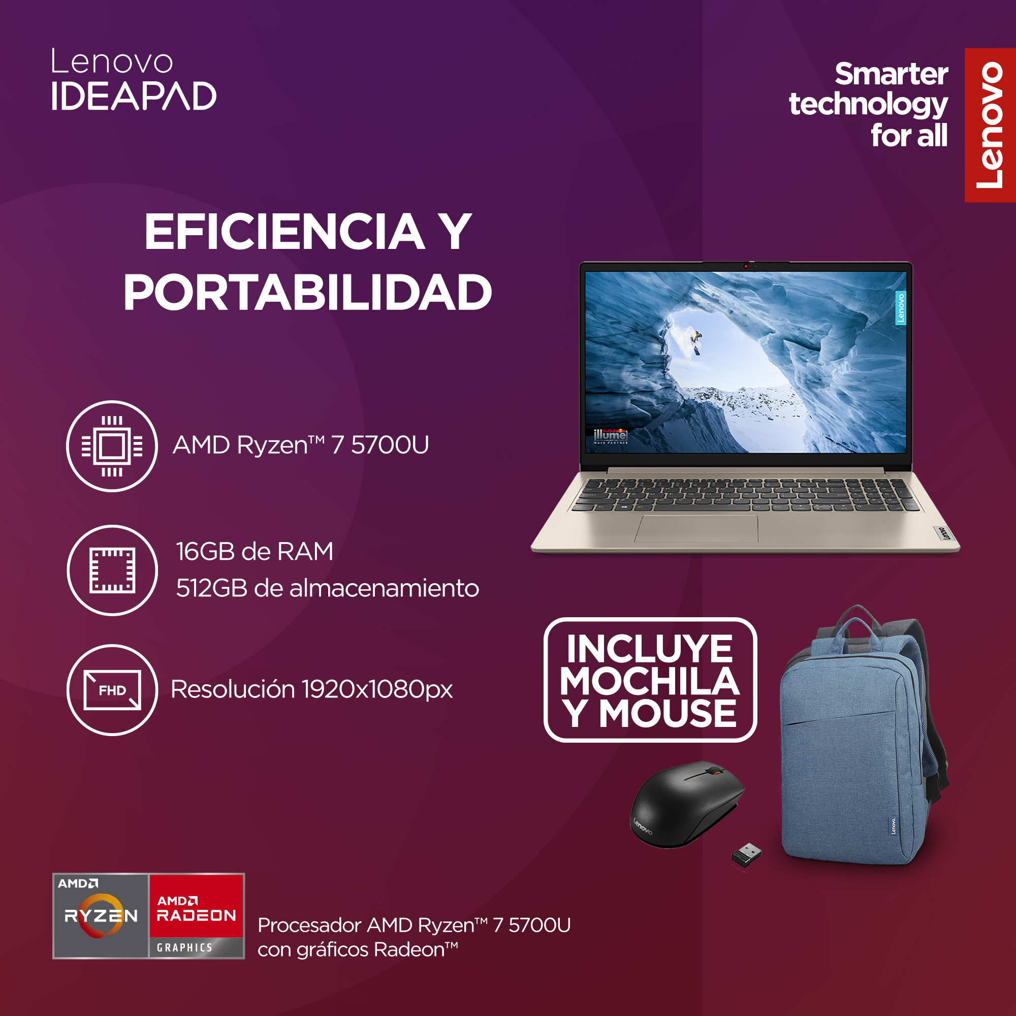 Laptop Lenovo IdeaPad 1 de 15.6 Pulgadas FHD AMD Ryzen 7 5700U / 16GB RAM / 512GB SSD Windows 11 image number null