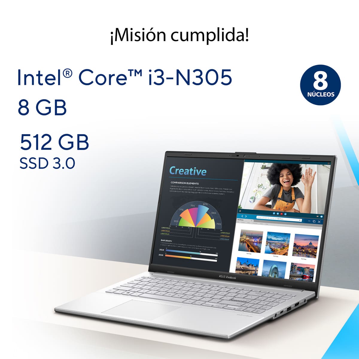 Laptop ASUS VivoBook 15.6 Pulgadas E1504GA-NJ163W CI3-N305 8G 512SSD+Mochila y Mouse image number null
