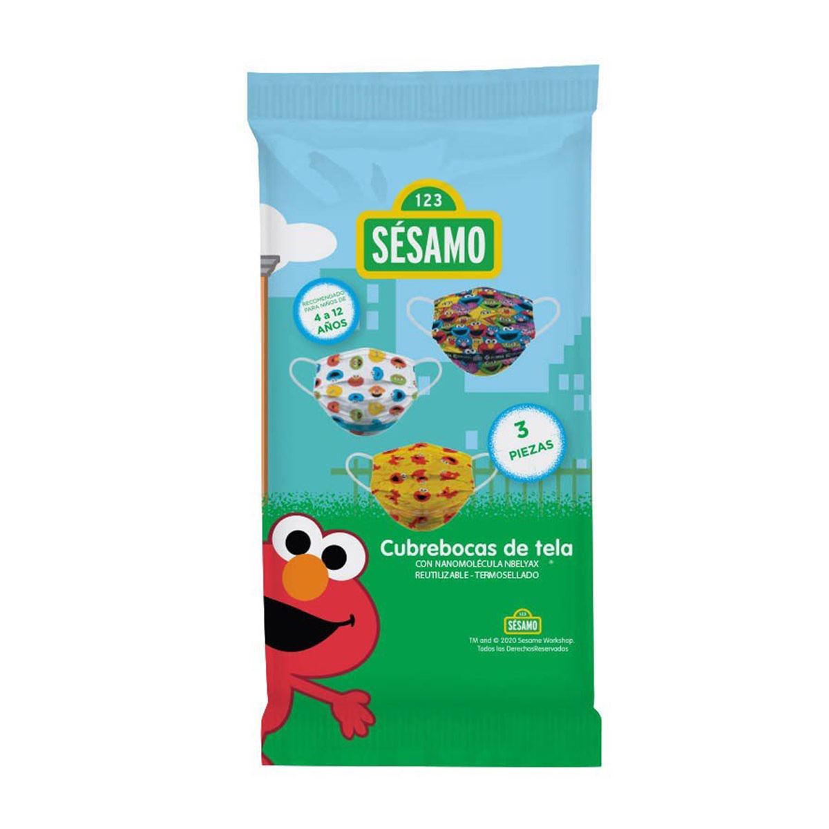 Cubreboca Biomsk para niño con Nanomolécula  NBELYAX ®  Termosellado Y   Reutilizable (Plaza Sésamo empaque con 3 piezas) image number null