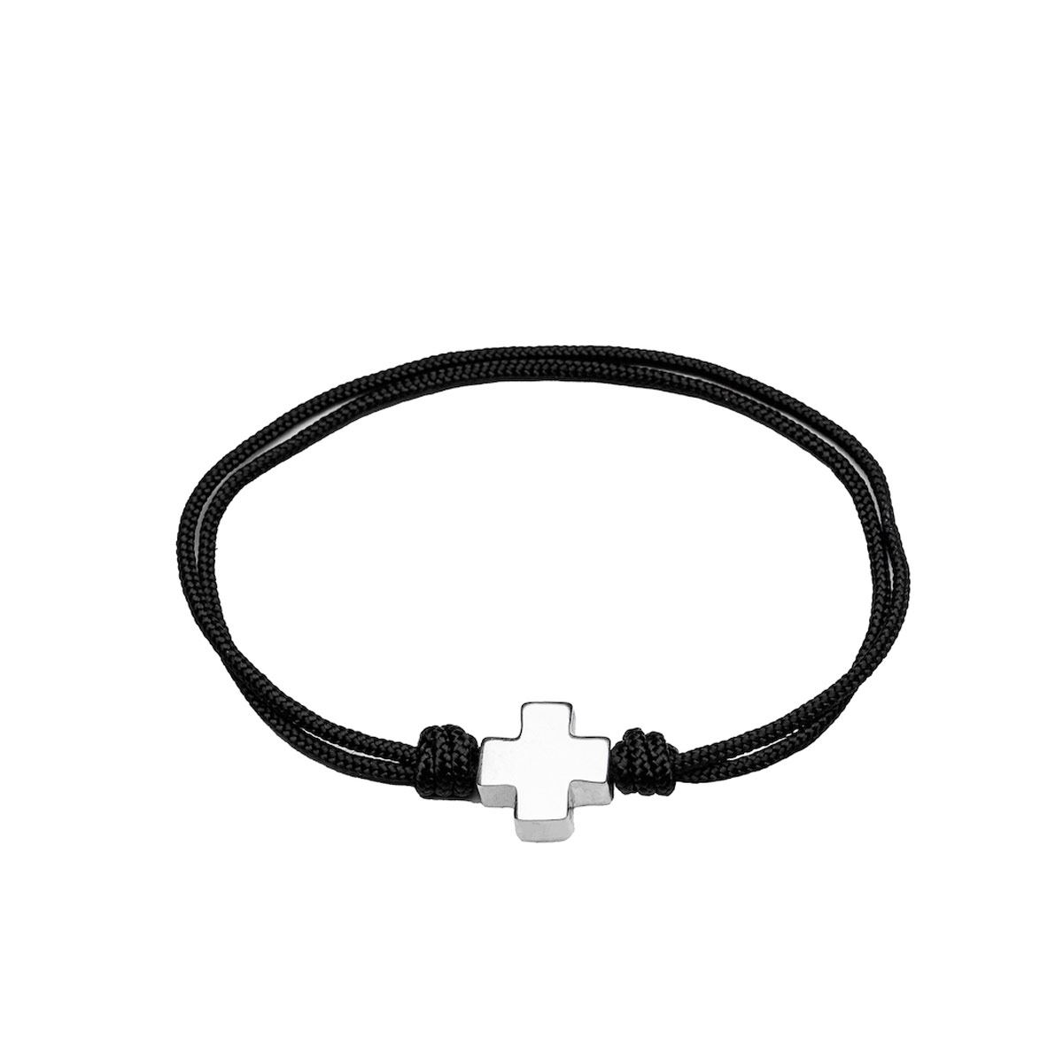 Pulsera Cruz de plata en cordiño negro image number null