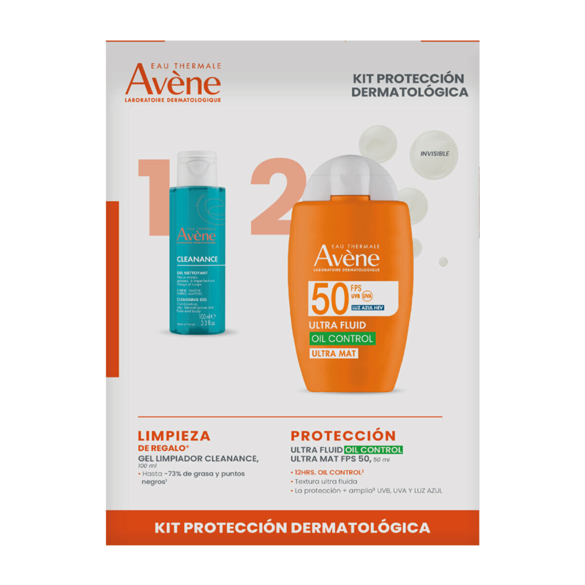 Avene Kit Protector Solar Ultra Fluido Ultra Mat FPS50  50ml + Cleanance Gel Limpiador Piel Grasa 100ml image number null