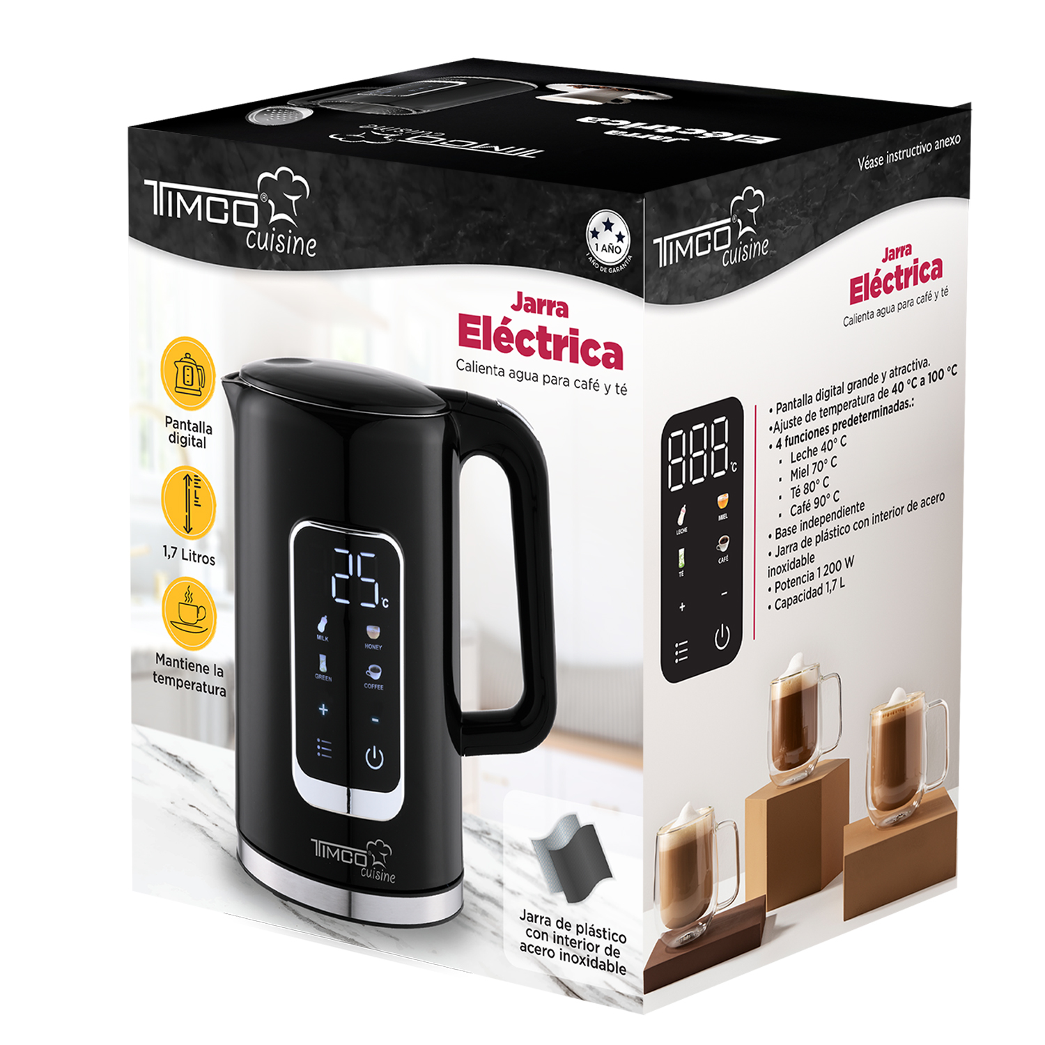 TIMCO Tetera Eléctrica con Pantalla Digital en Color Negro y Capacidad de 1700 ml image number null