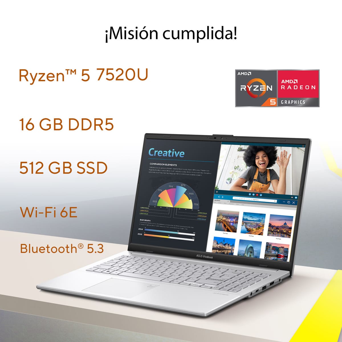 Laptop ASUS VivoBook Go 15.6 Pulgadas E1504FA-NJ881W R5 7520U 16G 512G + Mochila y Mouse image number null