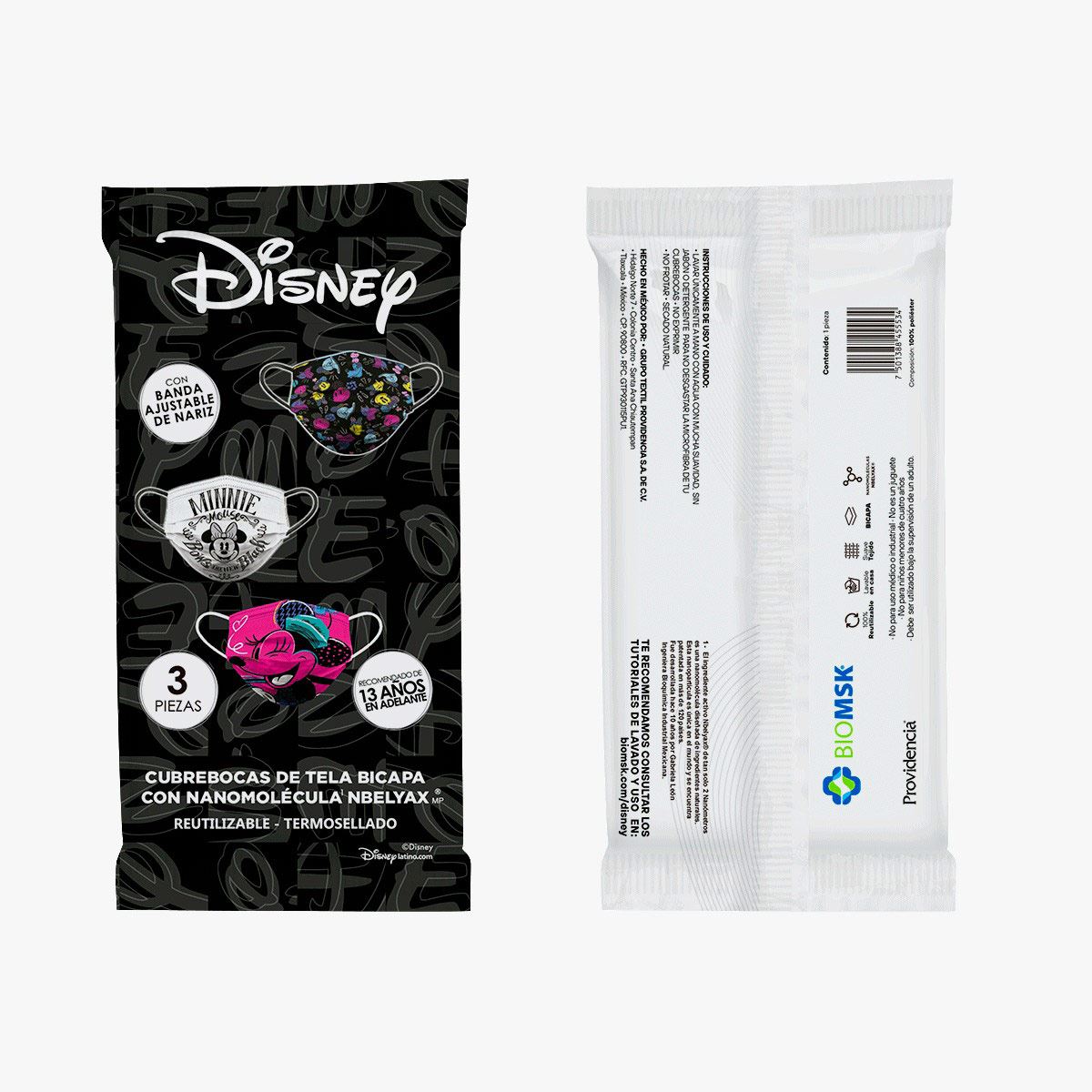 Cubreboca bicapa  Biomsk para adulto  con Nanomolécula  NBELYAX ®  Termosellado Y   Reutilizable (Minnie Disney  empaque con 3 image number null