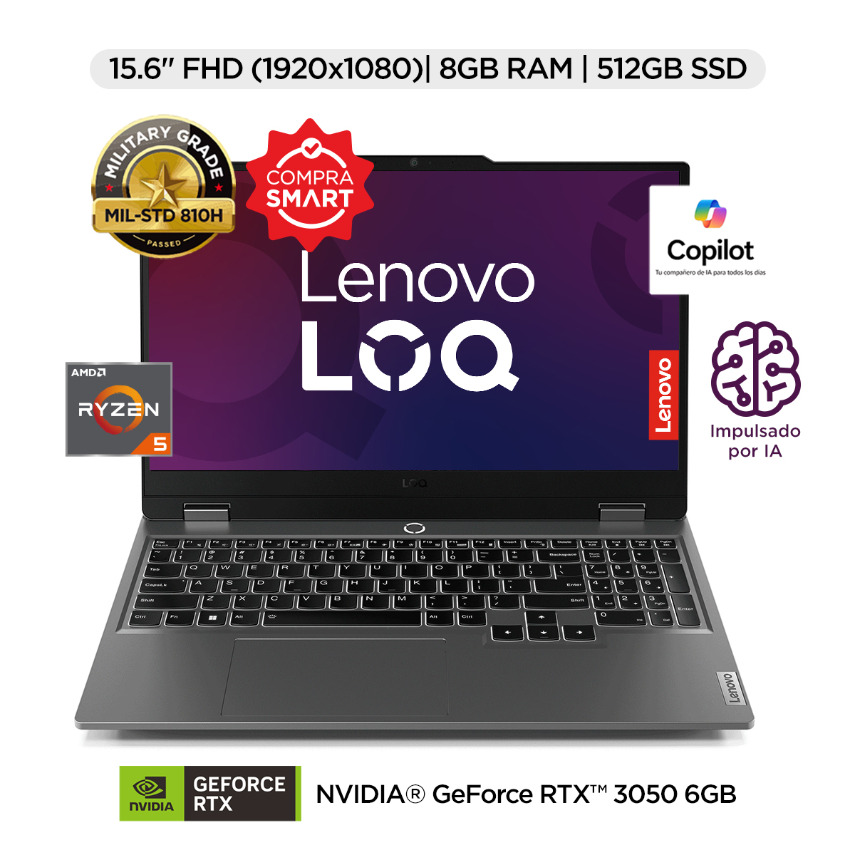 Laptop Gaming Lenovo LOQ 15ARP9 15.6" FHD AMD Ryzen 5 8GB RAM 512GB SSD NVIDIA GeForce RTX 3050 6 GB&nbsp; image number null