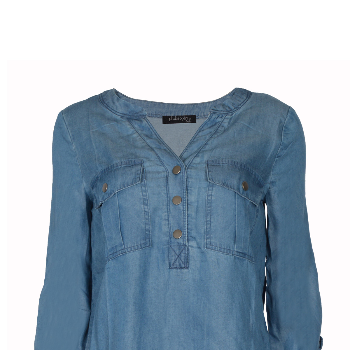 Blusa de mezclilla con bolsillos Philosophy azul talla chica para mujer image number null