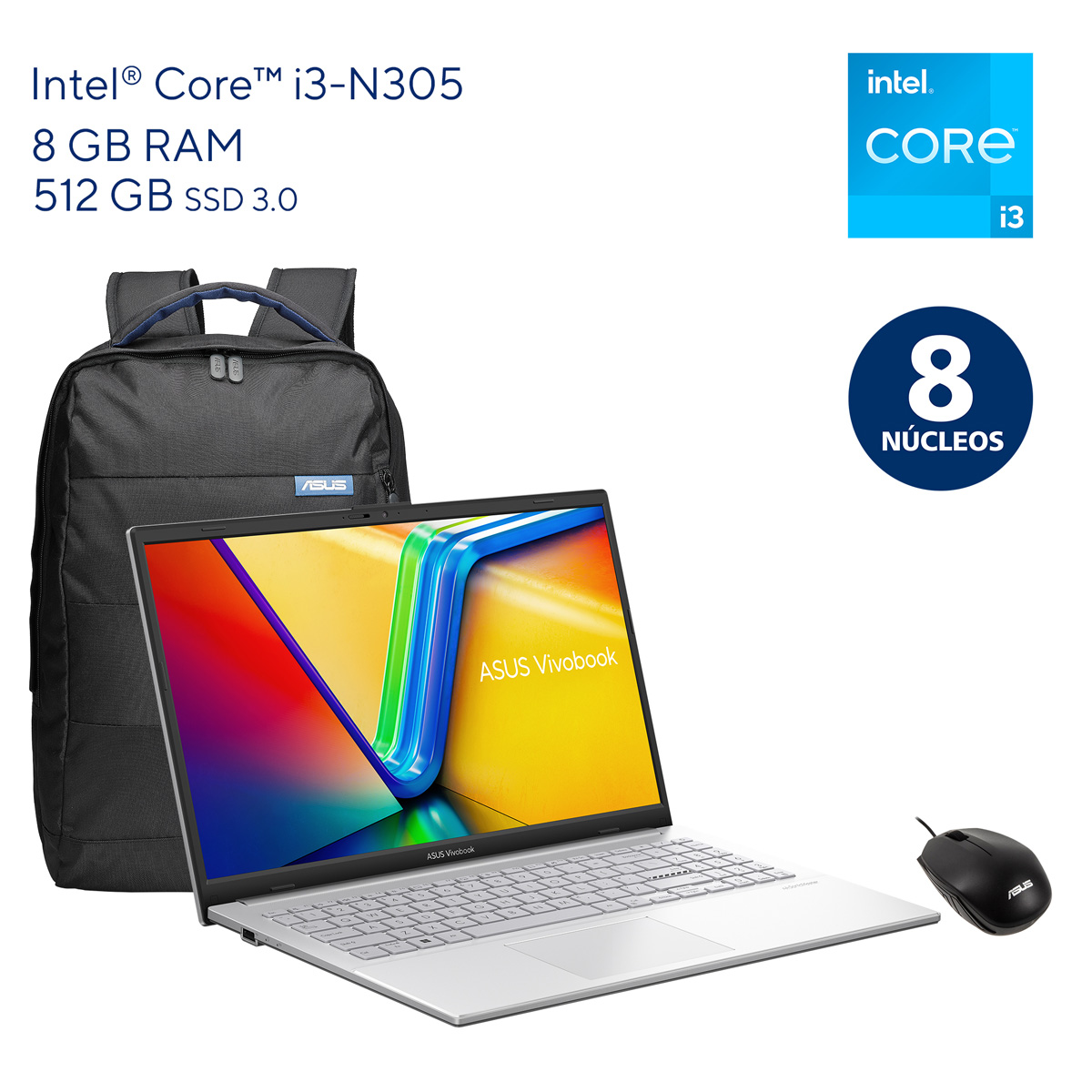 Laptop ASUS VivoBook 15.6 Pulgadas E1504GA-NJ163W CI3-N305 8G 512SSD+Mochila y Mouse image number null
