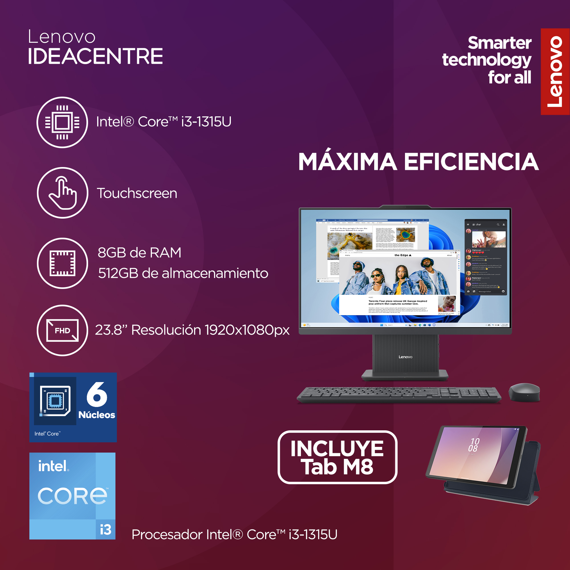 Bundle Desktop All In One Lenovo IdeaCentre 23.8 Intel Core i3 8 GB RAM 512 GB SSD Windows 11 + Lenovo Tab M8 4th Gen" image number null