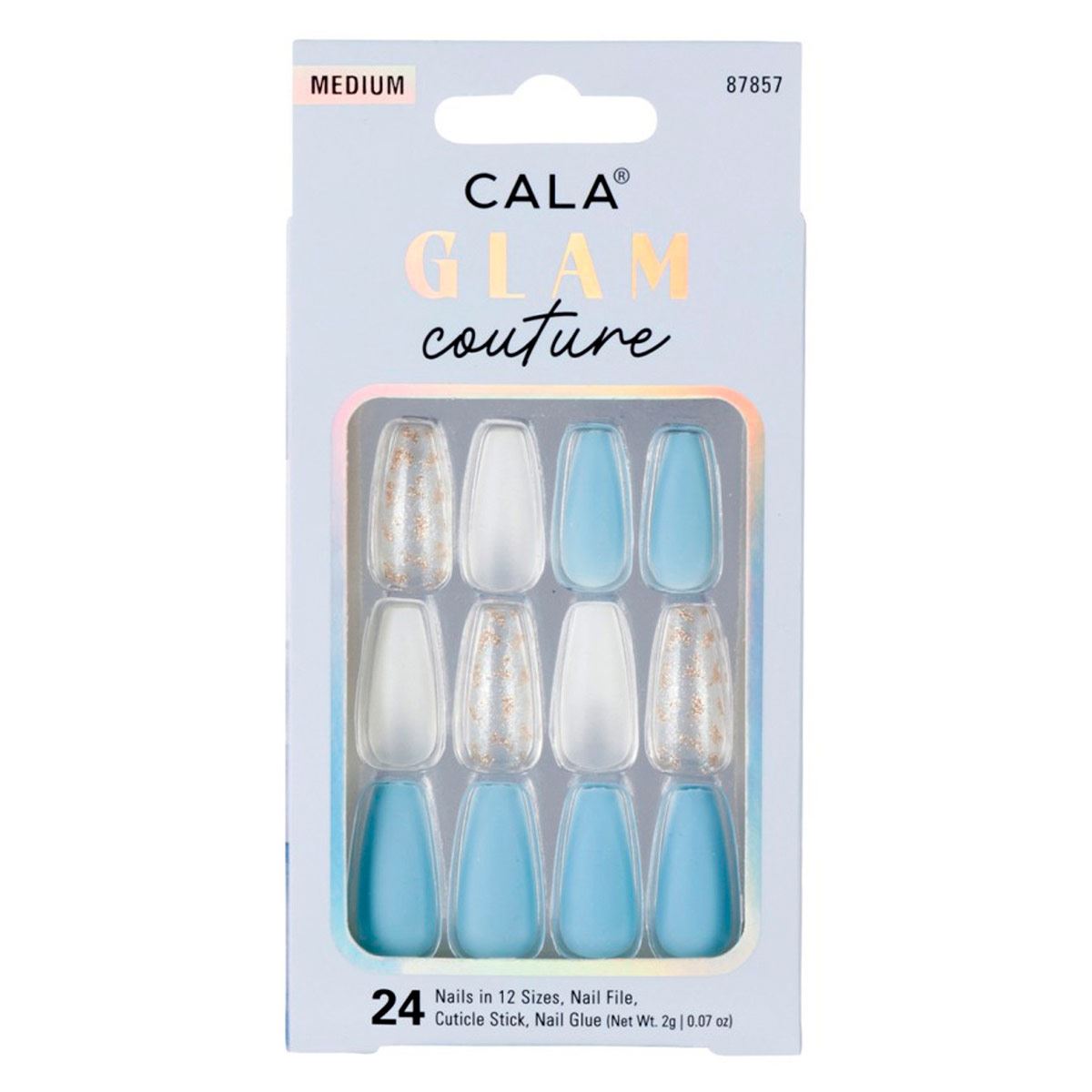 Kit U&ntilde;as Postizas Medium Coffin Azul/Blanco con detalles Dorados 24 piezas image number null