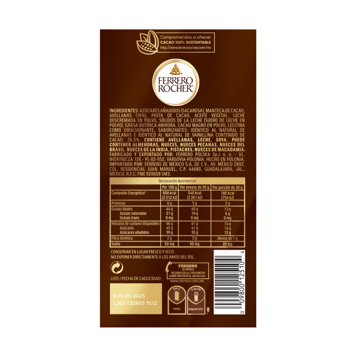 Barra Ferrero Rocher Tablets Chocolate con Leche Rellena de Avellanas y Cacao 90gr image number null